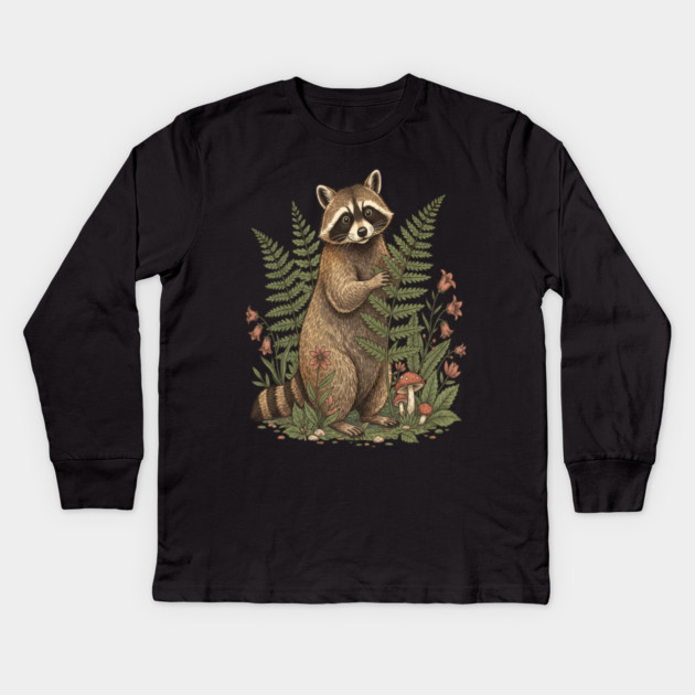 Raccoon in the Ferns Kids Long Sleeve T-Shirt by BirdsnStuff