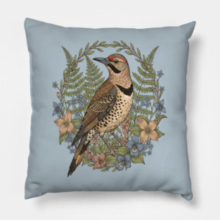 Vintage Northern Flicker Woodpecker with Wildflowers Pillow