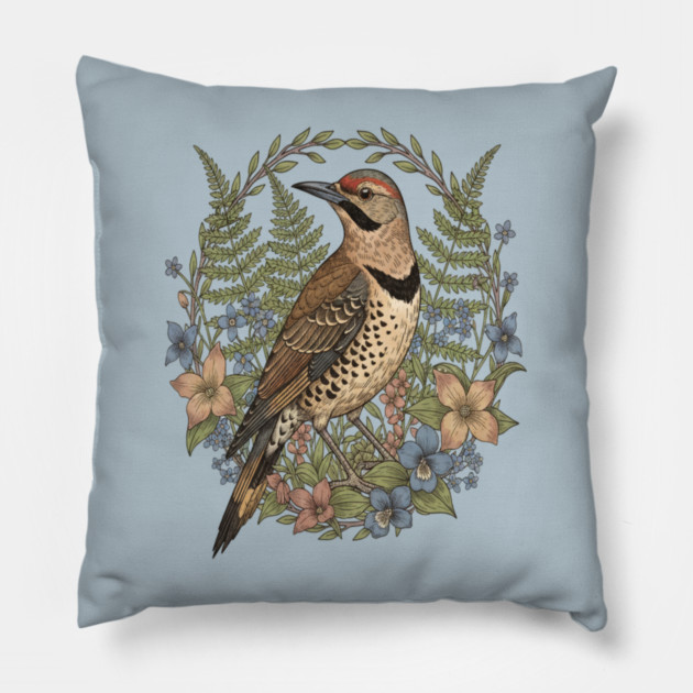 Vintage Northern Flicker Woodpecker with Wildflowers Pillow by BirdsnStuff