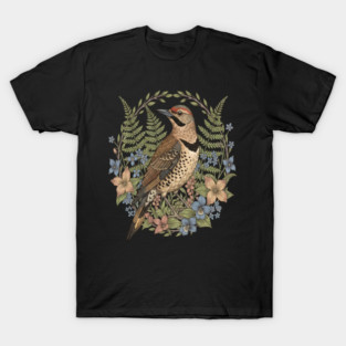 Vintage Northern Flicker Woodpecker with Wildflowers T-Shirt
