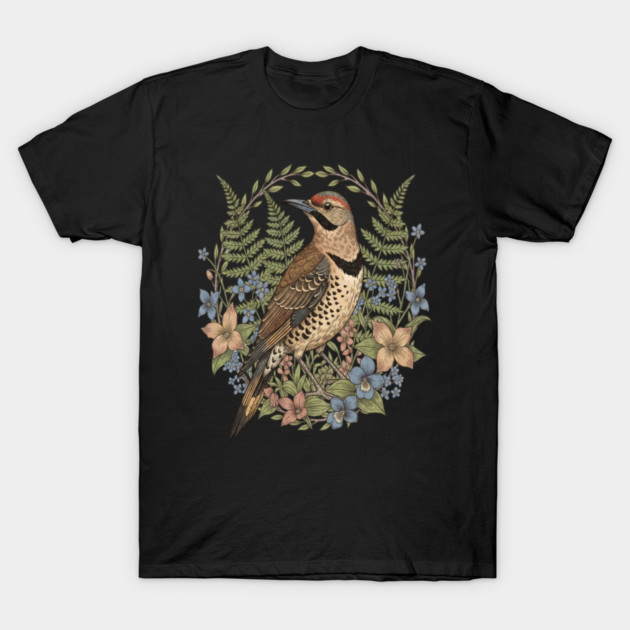 Vintage Northern Flicker Woodpecker with Wildflowers T-Shirt by BirdsnStuff