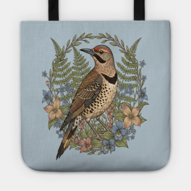 Vintage Northern Flicker Woodpecker with Wildflowers Tote by BirdsnStuff