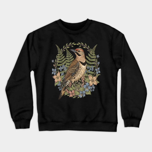 Vintage Northern Flicker Woodpecker with Wildflowers Crewneck Sweatshirt by BirdsnStuff