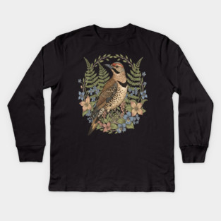 Vintage Northern Flicker Woodpecker with Wildflowers Kids Long Sleeve T-Shirt