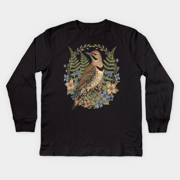 Vintage Northern Flicker Woodpecker with Wildflowers Kids Long Sleeve T-Shirt by BirdsnStuff