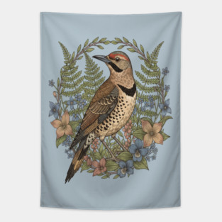 Vintage Northern Flicker Woodpecker with Wildflowers Tapestry