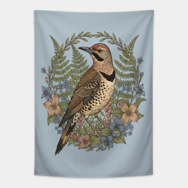 Vintage Northern Flicker Woodpecker with Wildflowers Tapestry by BirdsnStuff