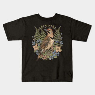 Vintage Northern Flicker Woodpecker with Wildflowers Kids T-Shirt