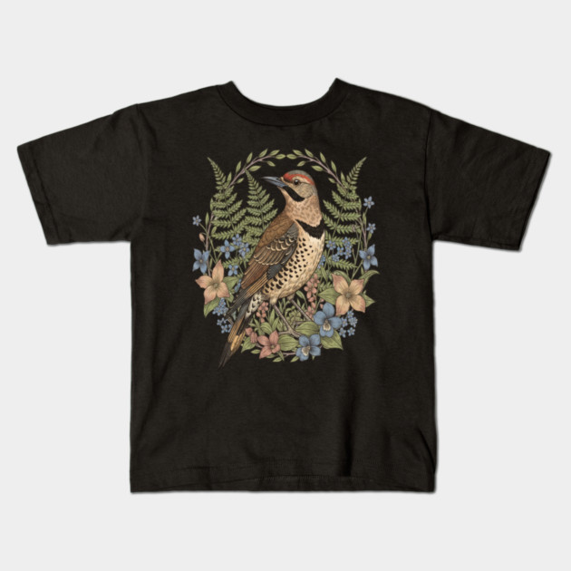 Vintage Northern Flicker Woodpecker with Wildflowers Kids T-Shirt by BirdsnStuff