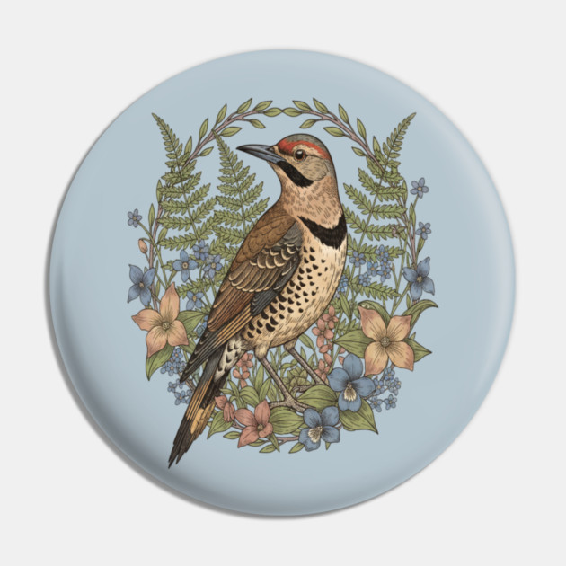 Vintage Northern Flicker Woodpecker with Wildflowers Pin by BirdsnStuff