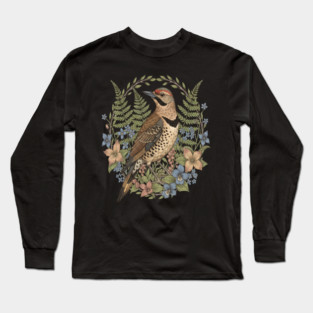 Vintage Northern Flicker Woodpecker with Wildflowers Long Sleeve T-Shirt