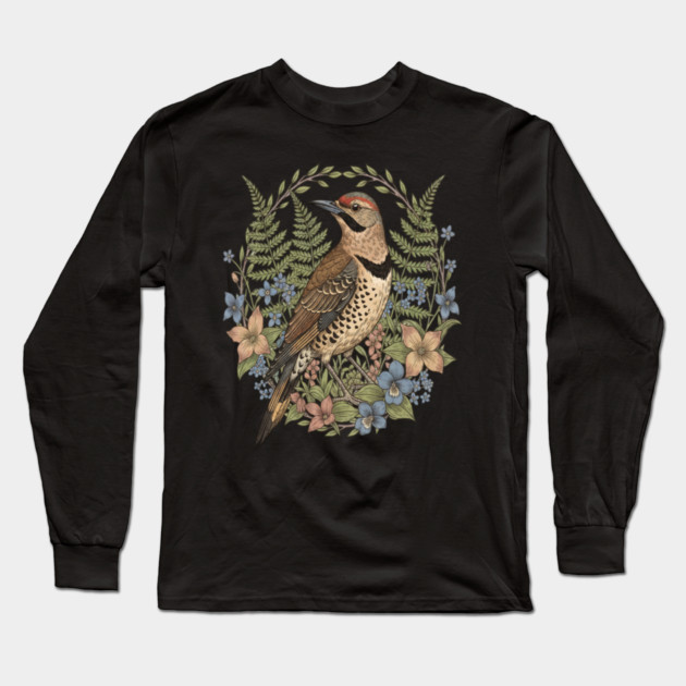 Vintage Northern Flicker Woodpecker with Wildflowers Long Sleeve T-Shirt by BirdsnStuff