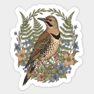 Vintage Northern Flicker Woodpecker with Wildflowers Sticker