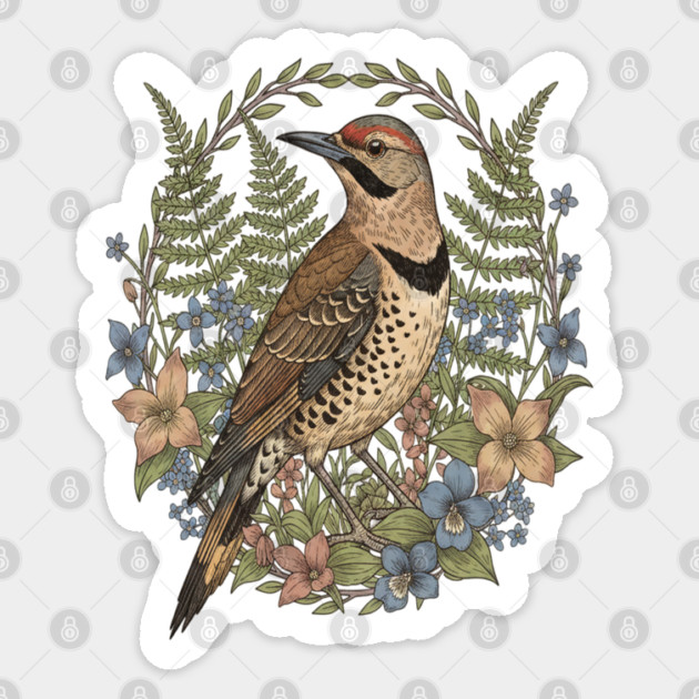 Vintage Northern Flicker Woodpecker with Wildflowers Sticker by BirdsnStuff