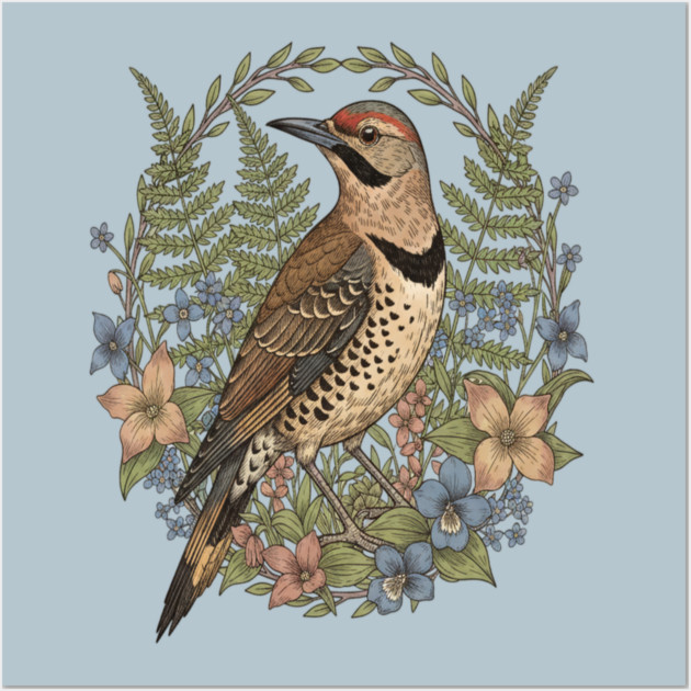 Vintage Northern Flicker Woodpecker with Wildflowers Wall Art by BirdsnStuff