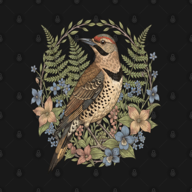 Vintage Northern Flicker Woodpecker with Wildflowers by BirdsnStuff