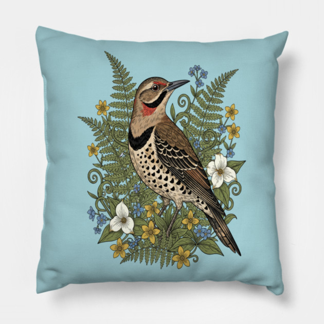 Vintage Northern Flicker Woodpecker and Ferns Pillow by BirdsnStuff