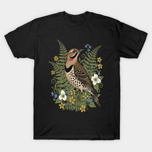 Vintage Northern Flicker Woodpecker and Ferns T-Shirt by BirdsnStuff