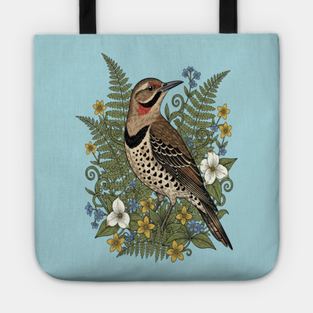 Vintage Northern Flicker Woodpecker and Ferns Tote by BirdsnStuff