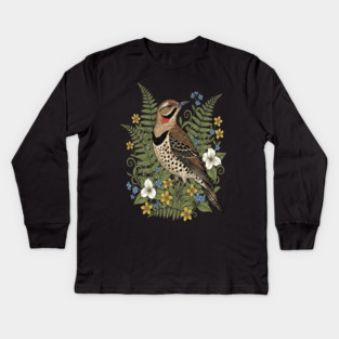 Vintage Northern Flicker Woodpecker and Ferns Kids Long Sleeve T-Shirt