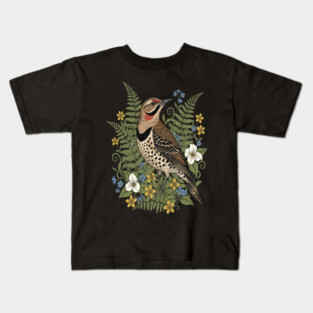 Vintage Northern Flicker Woodpecker and Ferns Kids T-Shirt