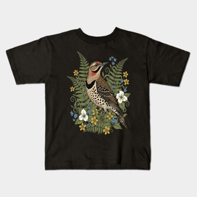 Vintage Northern Flicker Woodpecker and Ferns Kids T-Shirt by BirdsnStuff