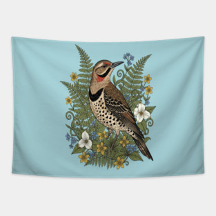 Vintage Northern Flicker Woodpecker and Ferns Tapestry