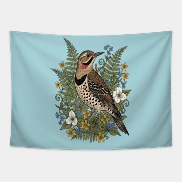 Vintage Northern Flicker Woodpecker and Ferns Tapestry by BirdsnStuff