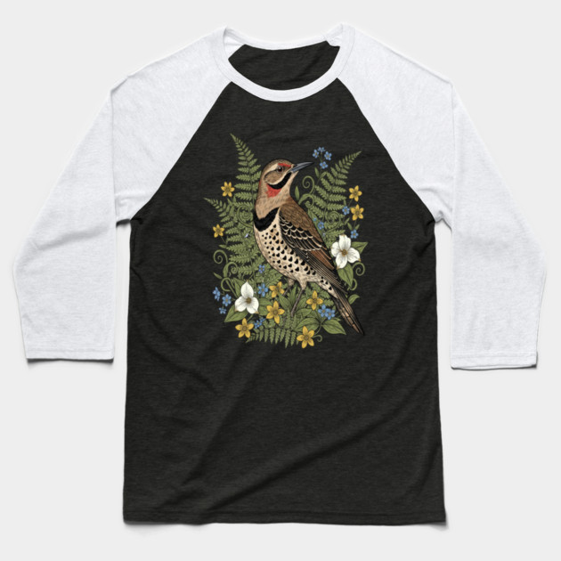 Vintage Northern Flicker Woodpecker and Ferns Baseball T-Shirt by BirdsnStuff