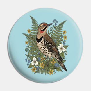 Vintage Northern Flicker Woodpecker and Ferns Pin
