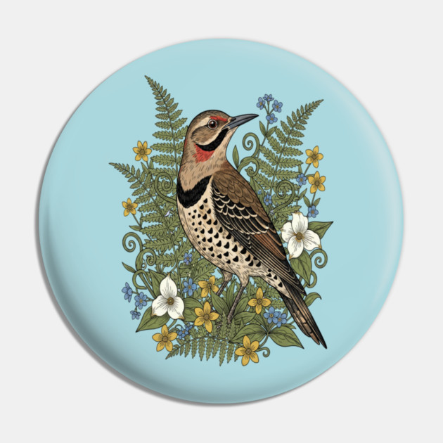 Vintage Northern Flicker Woodpecker and Ferns Pin by BirdsnStuff