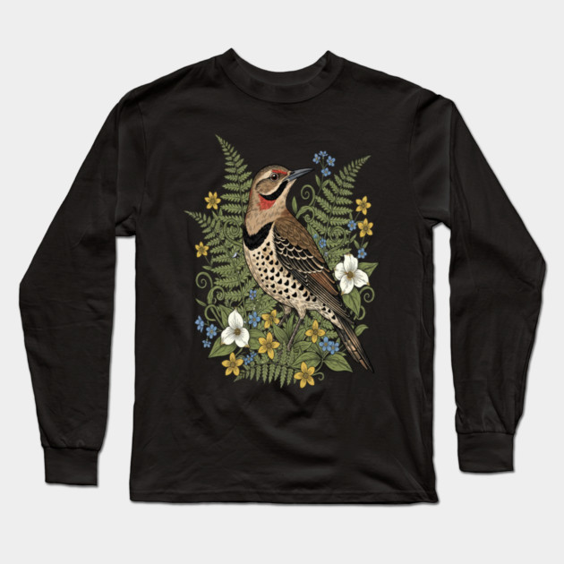 Vintage Northern Flicker Woodpecker and Ferns Long Sleeve T-Shirt by BirdsnStuff