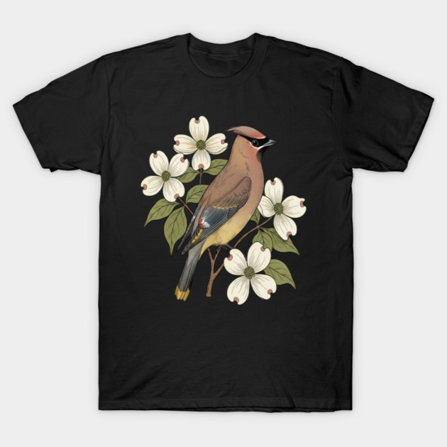 Cedar Waxwing Bird with Dogwood Flowers T-Shirt by BirdsnStuff