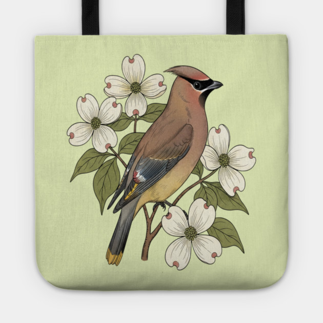 Cedar Waxwing Bird with Dogwood Flowers Tote by BirdsnStuff
