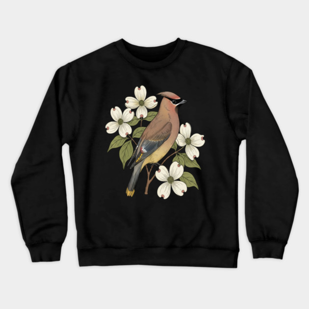 Cedar Waxwing Bird with Dogwood Flowers Crewneck Sweatshirt by BirdsnStuff