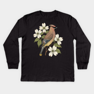 Cedar Waxwing Bird with Dogwood Flowers Kids Long Sleeve T-Shirt
