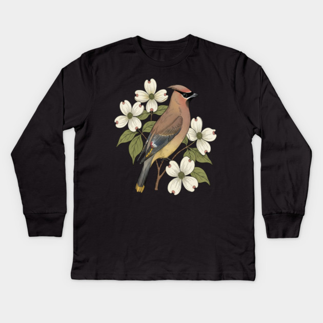 Cedar Waxwing Bird with Dogwood Flowers Kids Long Sleeve T-Shirt by BirdsnStuff