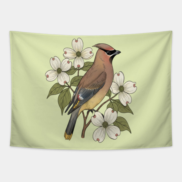 Cedar Waxwing Bird with Dogwood Flowers Tapestry by BirdsnStuff