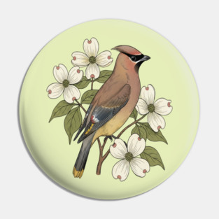 Cedar Waxwing Bird with Dogwood Flowers Pin