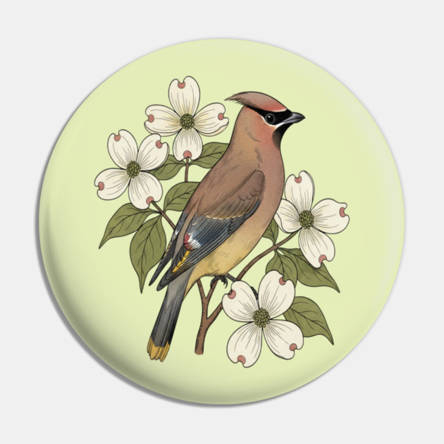 Cedar Waxwing Bird with Dogwood Flowers Pin by BirdsnStuff