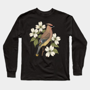 Cedar Waxwing Bird with Dogwood Flowers Long Sleeve T-Shirt