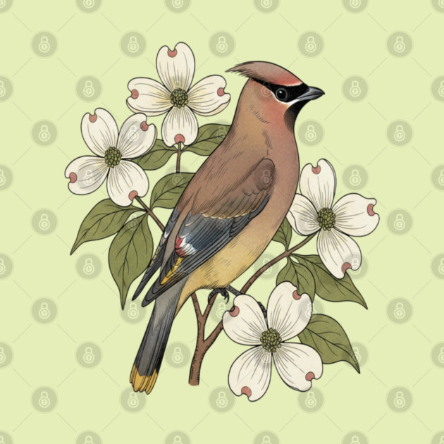 Cedar Waxwing Bird with Dogwood Flowers by BirdsnStuff