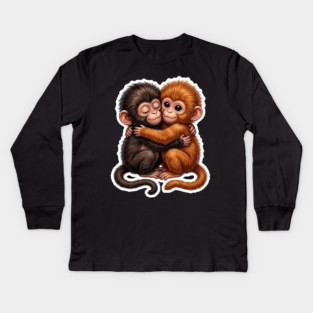Baby Monkeys Hugging Cute Friends Animal Lovers Kids Long Sleeve T-Shirt