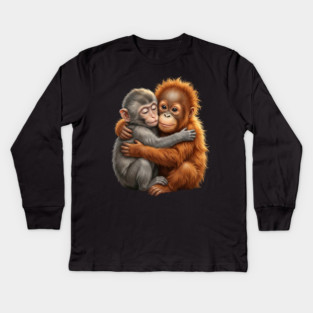 Cute Baby Monkey Hugging Orangutan Primates Love Kids Long Sleeve T-Shirt