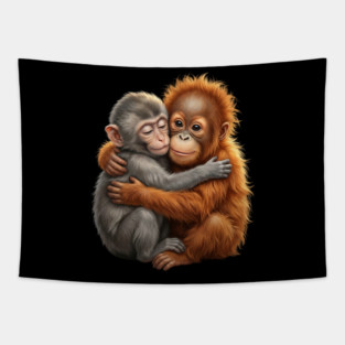 Cute Baby Monkey Hugging Orangutan Primates Love Tapestry