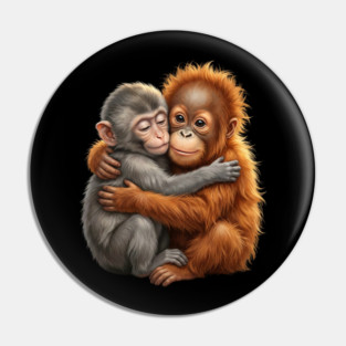 Cute Baby Monkey Hugging Orangutan Primates Love Pin