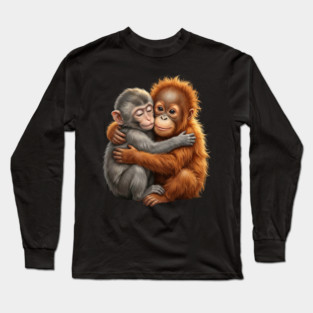 Cute Baby Monkey Hugging Orangutan Primates Love Long Sleeve T-Shirt