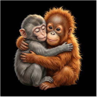 Cute Baby Monkey Hugging Orangutan Primates Love Posters and Art