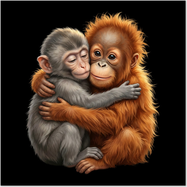 Cute Baby Monkey Hugging Orangutan Primates Love Wall Art by ArtistTee ⭐⭐⭐⭐⭐