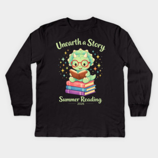 Unearth a Story Triceratops Dinosaur Reading Books Cute Dino Kids Long Sleeve T-Shirt